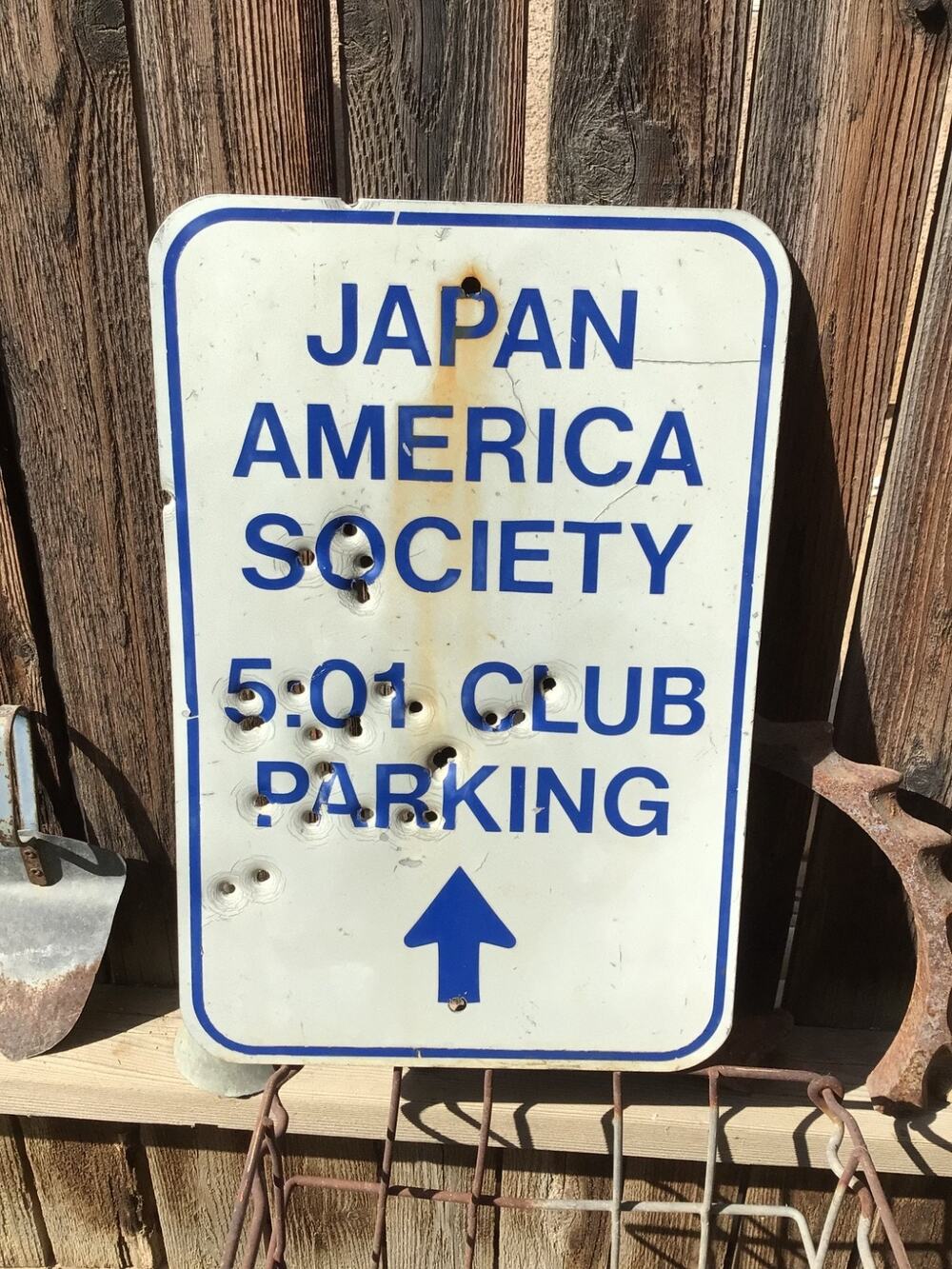 Vtg 1991 Japan America Society 5:01 Club Parking Metal Sign Bullet Holes Arrow